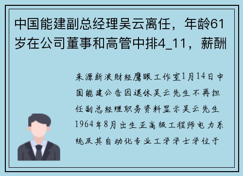 中国能建副总经理吴云离任，年龄61岁在公司董事和高管中排4_11，薪酬106万元在董事和高管中排3_5
