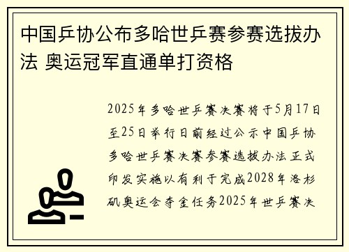 中国乒协公布多哈世乒赛参赛选拔办法 奥运冠军直通单打资格