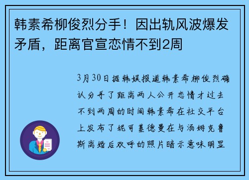 韩素希柳俊烈分手！因出轨风波爆发矛盾，距离官宣恋情不到2周