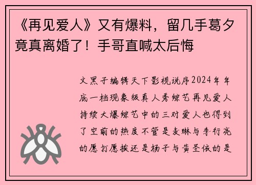 《再见爱人》又有爆料，留几手葛夕竟真离婚了！手哥直喊太后悔