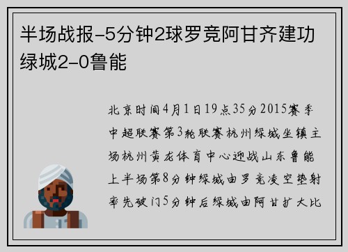 半场战报-5分钟2球罗竞阿甘齐建功 绿城2-0鲁能
