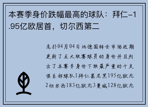 本赛季身价跌幅最高的球队：拜仁-1.95亿欧居首，切尔西第二