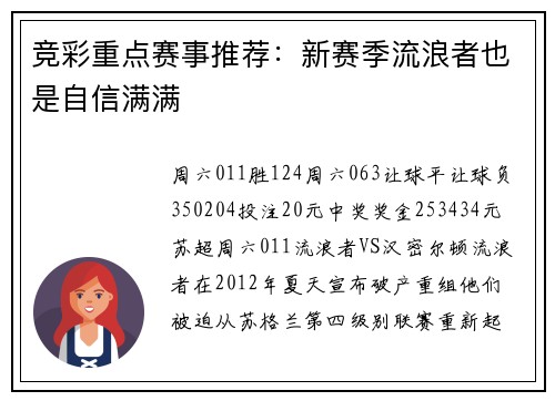 竞彩重点赛事推荐：新赛季流浪者也是自信满满
